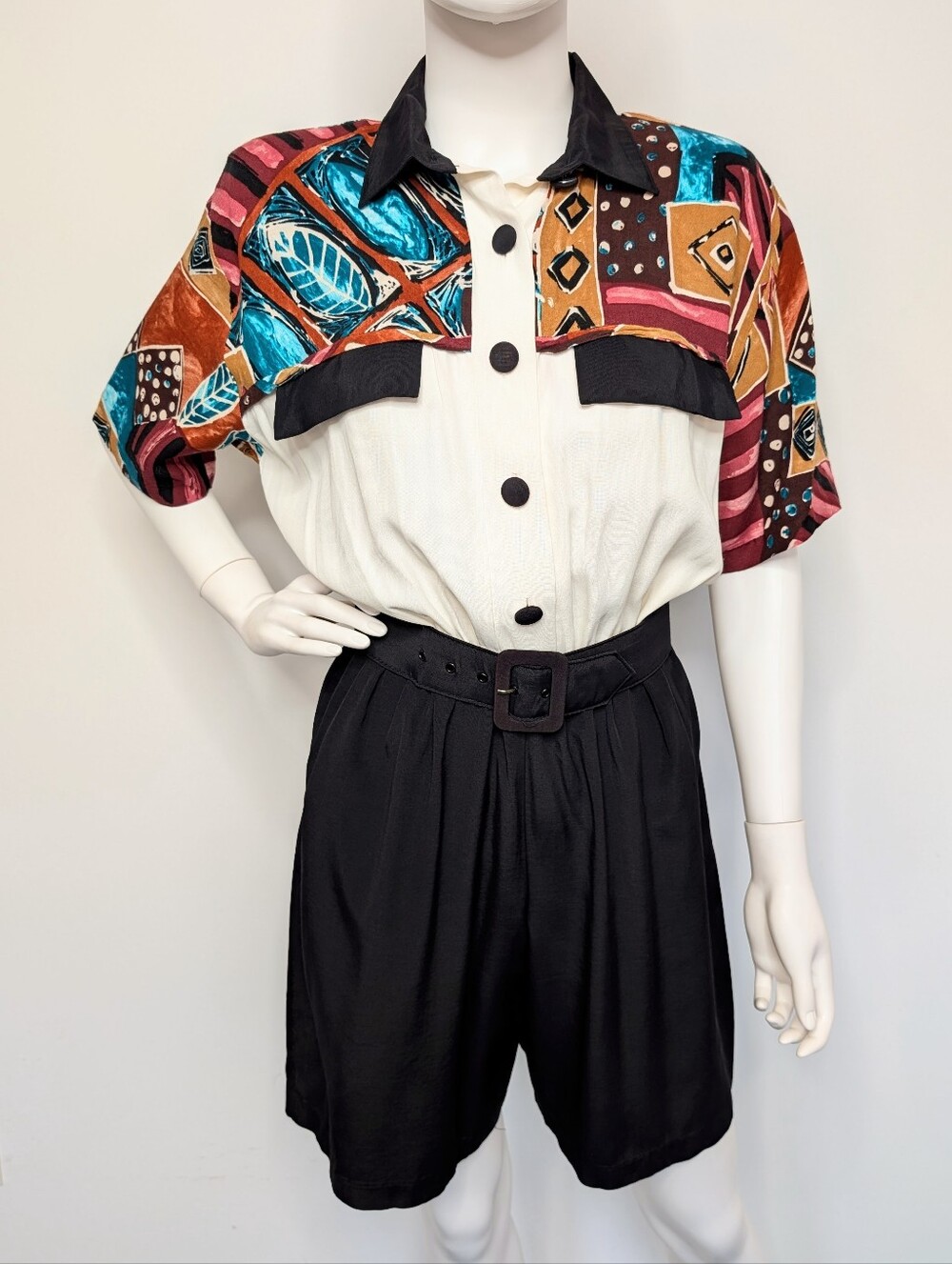 Vintage 80s Black & Multi Color Geometric Pattern Collared Button Front Romper